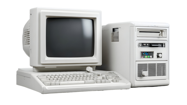 Vintage personal computer setup with bulky crt monitor and floppy disk drive