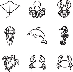 Sea Turtle and Seaweed Black and White Line Art Illustration