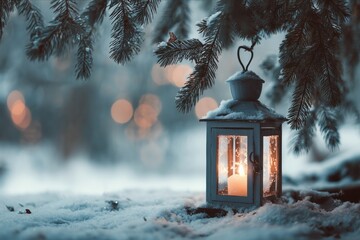 A serene winter scene featuring a delicate lantern casting a warm glow amidst a snowy landscape and frosty evergreen branches, evoking a sense of peace and tranquility.