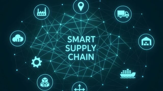 Visual representation of a smart supply chain concept, connecting various logistics elements with innovative technology.