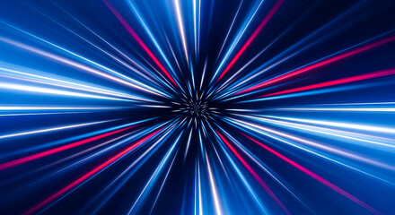 Vibrant abstract image featuring a tunnel of light with dynamic blue and red streaks, evoking speed and futurism.
