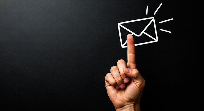 A hand with index finger pointing upward, topped with a drawn email envelope icon, symbolizing email or digital messaging concept.