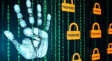A digital handprint surrounded by password icons on a binary code background, symbolizing cybersecurity and data protection themes.