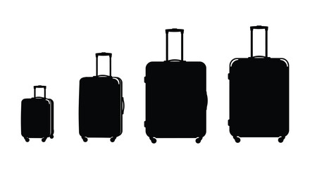 Four black rolling suitcases of varying sizes arranged in a row silhouette