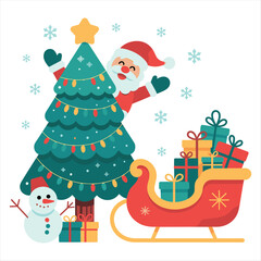 Joyful christmas scene with santa claus snowman tree and sleigh full of gifts