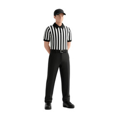 Obraz premium A referee wearing a black and white striped shirt and black pants stands with hands behind back.
