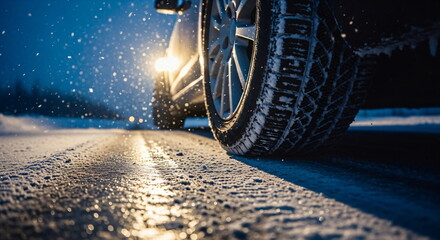 Car wheel with snow on a winter tire driving on a slippery road at night. Dangerous driving condition concept footage