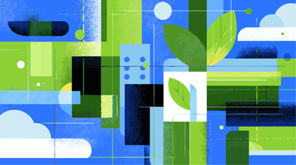 Abstract geometric composition with green leaves and white clouds on blue background, symbolizing clean energy, ecology, and innovation, perfect for modern branding and environmental visuals