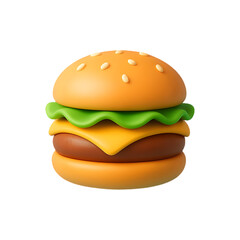 A rendered cartoon style burger with lettuce cheese and a sesame seed bun on a black background