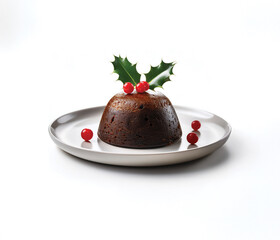 Classic British Christmas Pudding Isolated on White Background. Rich and dark British Christmas pudding made with dried fruits and spices, decorated with holly leaves. A timeless festive dessert.