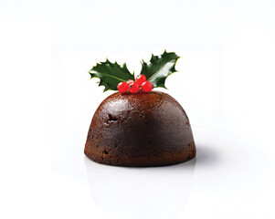 Classic British Christmas Pudding Isolated on White Background. Rich and dark British Christmas pudding made with dried fruits and spices, decorated with holly leaves. A timeless festive dessert.