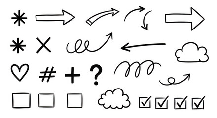 Collection of hand drawn doodle icons and symbols isolated on transparent background