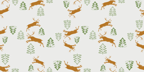 Wild deers and christmas trees silhouettes, seamless pattern, background, wallpaper, wrapper, paper, textile, vector illustration