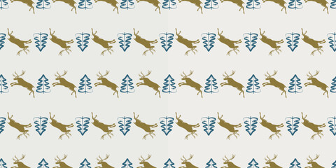 Wild deers and christmas trees silhouettes in rows, seamless pattern, background, wallpaper, wrapper, paper, textile, vector illustration