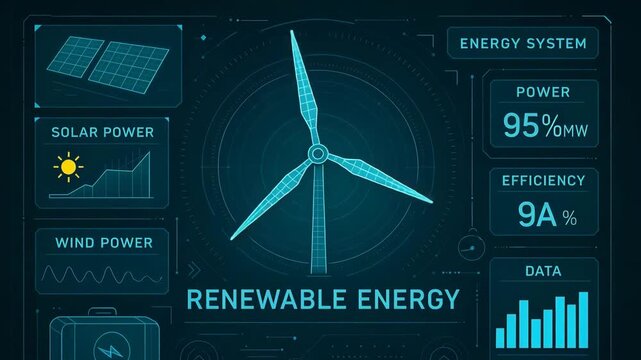Illustration of renewable energy system showcasing solar and wind power along with efficiency data and energy metrics. - Powered by Adobe