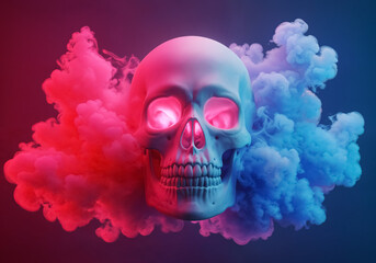 White Skull with Glowing Pink Eyes Surrounded by Red and Blue Smoke