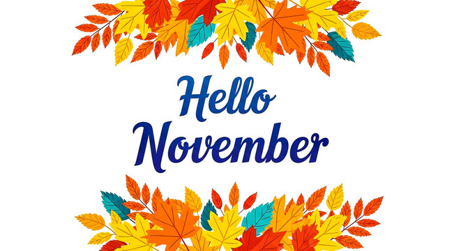 A cheerful 'Hello November' greeting card featuring autumn leaves in warm colors, perfect for seasonal celebrations and greetings.