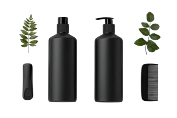 Flat lay of black cosmetic bottles and accessories.  Natural elements