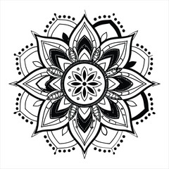 An intricate black and white mandala design. This symmetrical pattern features floral and geometric elements, creating a visually stunning and balanced composition.