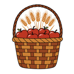 Harvest basket overflowing with apples and wheat, warm and earthy, vector illustration with flat tones and clean black outlines on minimal white background