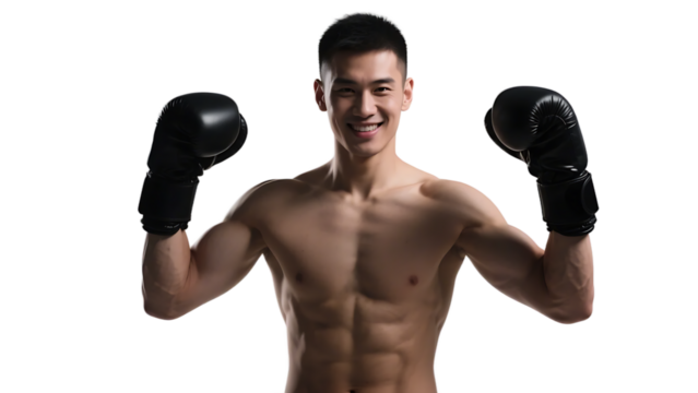 A shirtless man with black boxing gloves, showcasing well-defined muscles and a confident pose.