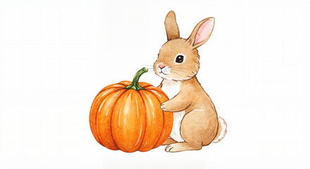 Rabbit with pumpkin, cozy and seasonal, watercolor illustration in warm earthy tones with hand-painted textures on white background