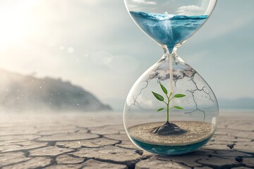 Hourglass and plant in the sand symbolizing the passage of time
