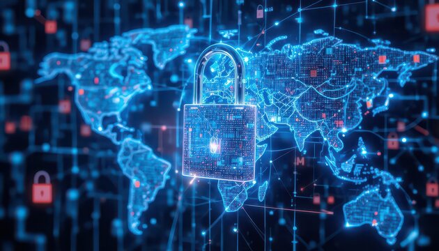 Cybersecurity global network with digital lock protecting world map data, offering peace of mind and data privacy in our connected age
