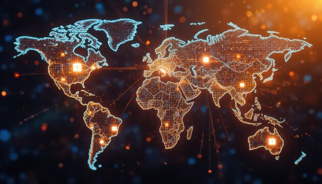 Global connectivity shown with a vibrant, digital world map highlighting data points for worldwide communication and secure data transfers across continents