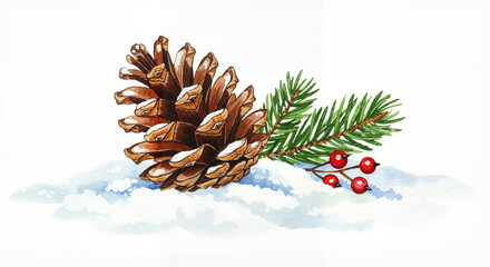 Pine cone in snow, festive and natural, watercolor illustration in winter palette of deep greens, reds, and whites with soft snow accents on white background