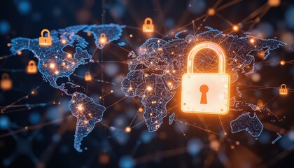 Global network security illuminated by glowing digital map and prominent padlock symbolizing digital protection and interconnected data