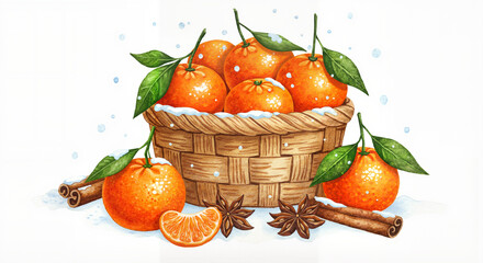 Basket of tangerines and cinnamon, festive and cozy, watercolor illustration in winter palette of deep greens, reds, and whites with soft snow accents on white background