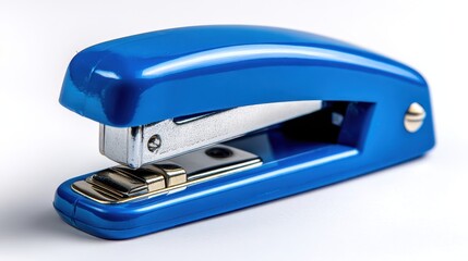 Blue stapler isolated on white background for office or stationery use