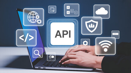 Person using a laptop with glowing icons representing API, coding, and cloud technology application programming interface