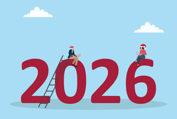 Vector illustration of business people wearing santa hats sitting on large 2026 numbers and working on laptops, symbolizing new year goals, business planning, productivity, and holiday motivation

