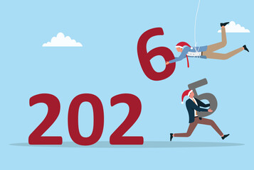 vector illustration of two businessmen replacing the number 5 with 6 to form 2026, symbolizing the transition from 2025 to 2026, new year celebration, and fresh beginnings
