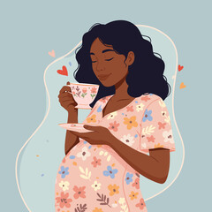 Pregnant woman sipping herbal tea, playful and modern, flat illustration with hand-drawn lines and contemporary branding aesthetic