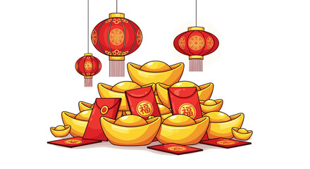 Gold ingot pile with red envelopes and lanterns, festive and lucky, vector illustration in bright warm colors with bold outlines and smooth gradients on white background