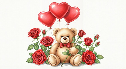 Teddy bear gift with red roses and heart balloons, romantic and realistic, watercolor illustration with fine paper texture and gentle color blending on white background