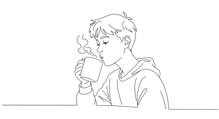 Teen blowing on mug of hot drink, minimalist and elegant, line art style black-and-white illustration with clean lines