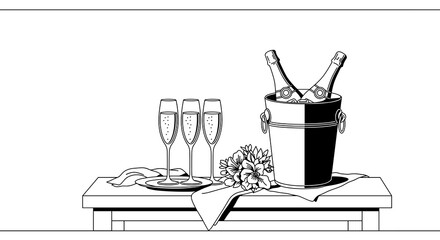 Champagne set on festive table, elegant and minimalist, line art style black-and-white illustration with clean composition