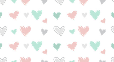 Hearts pattern in hand-drawn doodle style, pastel mint, blush pink, and light gray tones with thin ink outlines on white background