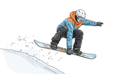 Snowboarder jumping off slope performing mid-air trick, dynamic and realistic, vector illustration with soft watercolor shading and subtle textures on white background