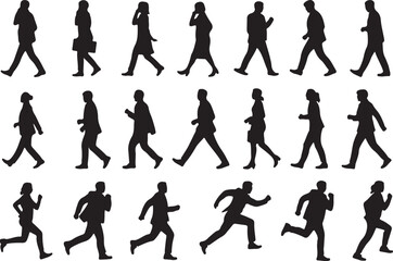 Silhouettes of people walking and running