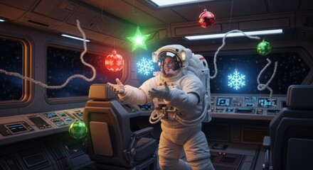 Male astronaut celebrating christmas in spaceship with floating decorations