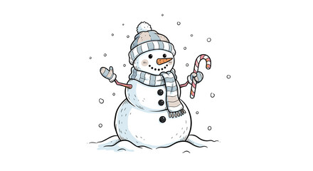 Snowman with scarf holding candy cane, cute and cozy, vector illustration in hand-drawn sketch style with pastel accents on white background