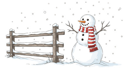 Snowman with scarf under falling snow near wooden fence, realistic and elegant, vector illustration with soft watercolor shading, subtle textures, and clean outlines on white background