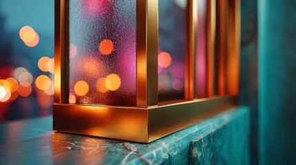A modern, minimalist sculpture composed of vertical bars in shades of gold and copper, set against a blurred background of city lights at night.