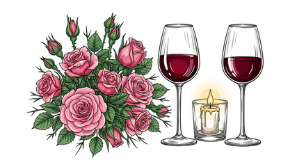 Pink roses bouquet beside candlelight and wine glasses, romantic and elegant, vector illustration with clean ink outlines, vibrant watercolor shading, and glossy highlights