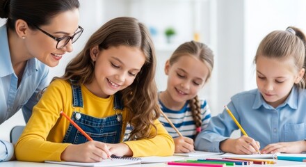 Female teacher assisting young caucasian girls with homework in classroom setting